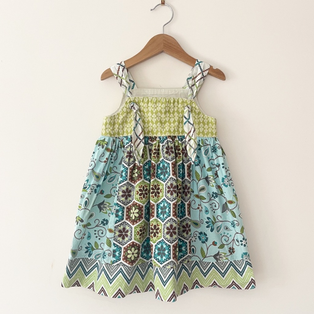 EUC Teal Chartreuse Whimsical Mixed Prints Cottagecore Knot Dress